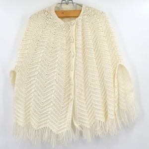 L/XL  Off White Vintage Handmade crocheted poncho with fringe bottom cape cozy